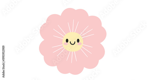 Adorable pink flower illustration with a cheerful smiling face, perfect for children's designs, spring themes, and sweet graphic elements, radiating warmth and innocence