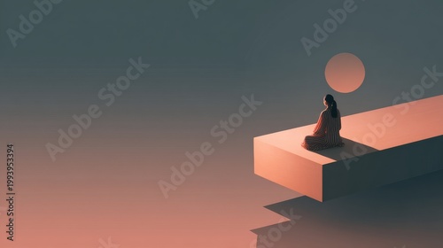 Stylized meditating figure on a minimal platform, space top left. 