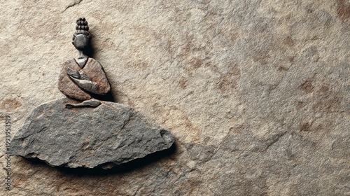 Stylized meditating figure on a natural stone, space top left.