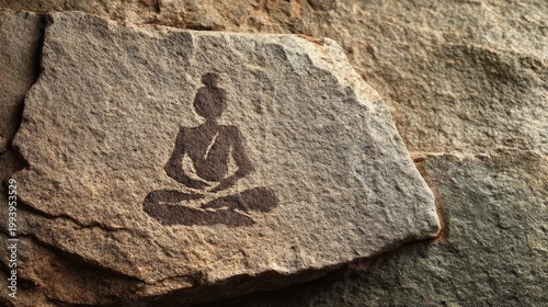 Stylized meditating figure on a natural stone, space top left.