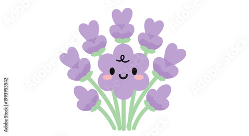 A delightful purple lavender flower illustration featuring an adorable smiling face, bringing a touch of charm and happiness to any design project