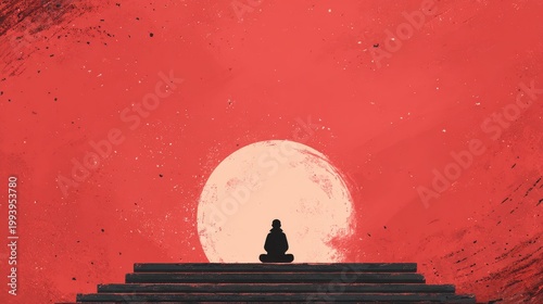 Stylized meditating figure on a raised platform, space top left.