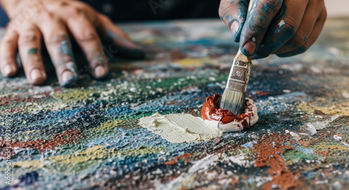 Close-up of an artist's hands stained with colorful paint actively creating a vibrant textured abstract painting on canvas with a brush