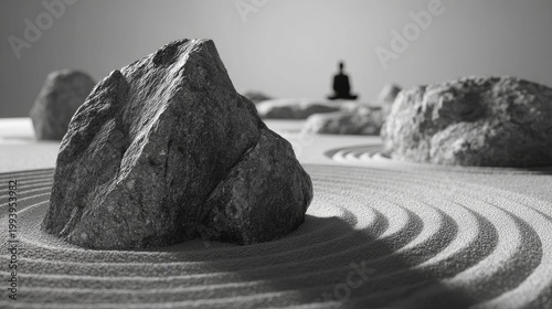 Zen Garden concept, a single stone (boulder) in the foreground, soft raked sand, and a faint outline of a meditating figure in the distance. Monochromatic color palette.
