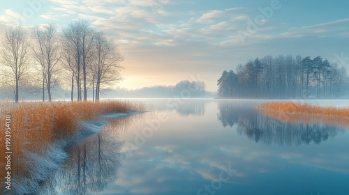 Winter Serenity Bare Trees Reflecting In Calm Water With Dry Grass And Morning Mist