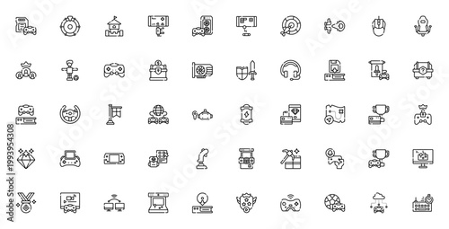 Gaming icon set. Vector game symbols collection. Includes controller, console, VR, sword, loot box, treasure, score, multiplayer and more. Editable stroke.