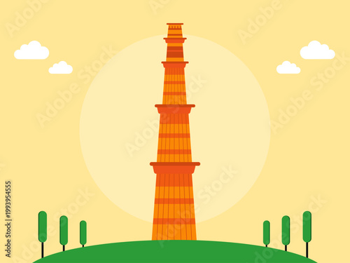 Qutb Minar, a famous historical monument located in Delhi, India. India illustrations. Flat vector concepts.