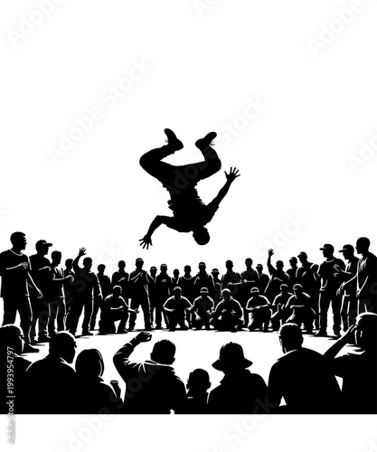 crowd cheering acrobat mid-air jump flat design vector illustration