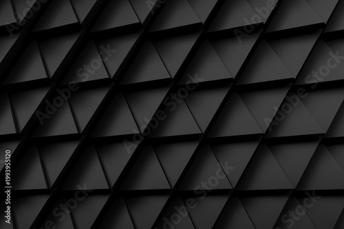 Dark triangular tile grid pattern with repeating pyramids for minimalist architectural background and texture design.3d render