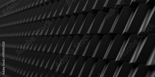 Black textured geometric wall pattern with repeating metallic tiles and diagonal panels for modern background and banner design in architectural interiors.3d render
