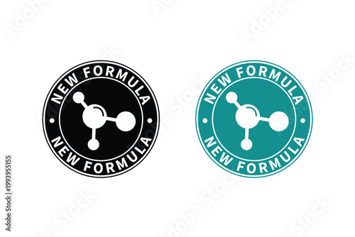 New Formula Badge Set with molecule icon. Black and Turquoise Product Label Vector Illustration