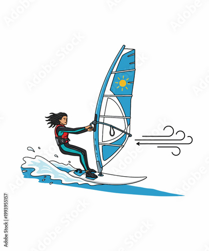 woman windsurfing on ocean waves flat design vector illustration