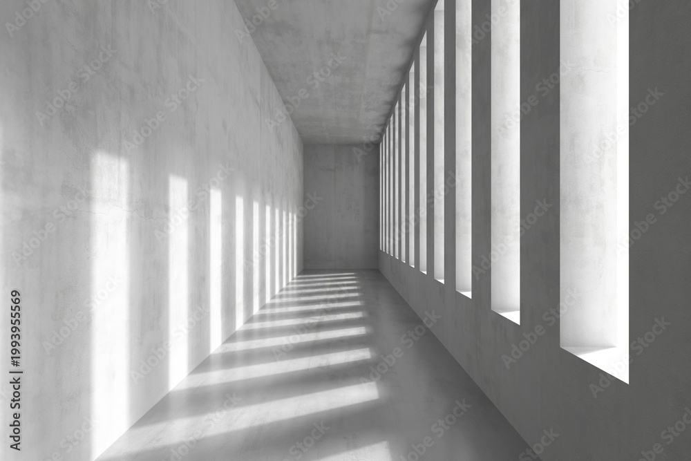 Fototapeta premium Sunlit concrete corridor with tall rectangular windows casting long shadows for architectural interior background and hallway design .3d render
