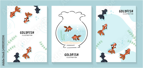 手描き風の金魚と金魚鉢を組み合わせた淡色ポスターテンプレート3点セット（水色アクセントと水草の涼しげな夏イラスト）