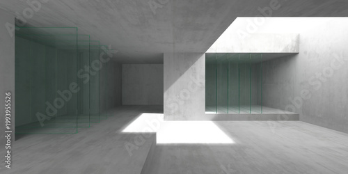 Konstfotografi Minimal concrete interior with glass partitions and skylight casting a bright light patch for modern architectural interior background and showroom design