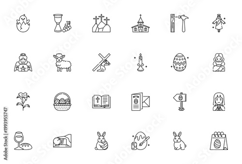 Easter icon set. Vector illustration pack with chick, cross, bunny, egg, church, Jesus, Bible, lamb and more for holiday themes.