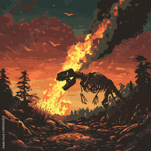 A stunning illustration of a dinosaur skeleton amidst a fiery sunset, evoking themes of extinction and nature's power.