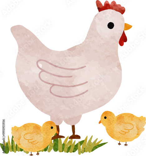 Schilderij op canvas Watercolor chicken and two chicks on grass