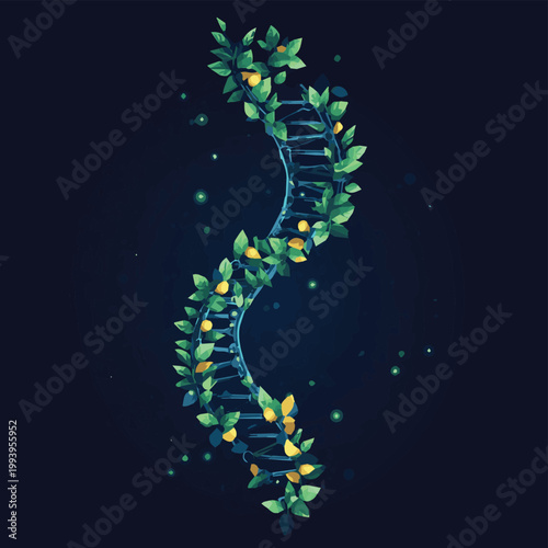 A vibrant DNA strand intertwined with lush green leaves, symbolizing the connection between nature and genetics.