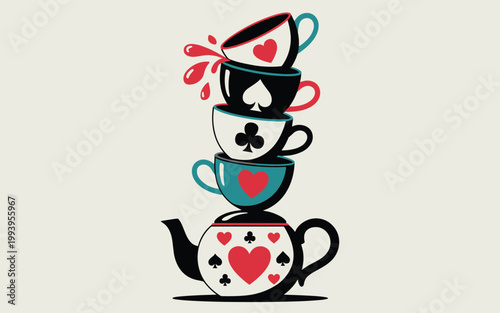 A stack of colorful teacups and a teapot with hearts and clubs on a plain surface