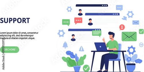 Technical Support Vector Illustration with Customer Service Agent, Online Chat Messages, Email Notifications, and Help Desk Assistance for Business Website Landing Page