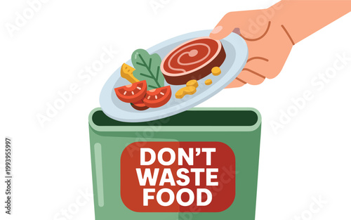 A hand throws away a plate of uneaten steak, tomatoes, lettuce and corn on a table with a green trash can.