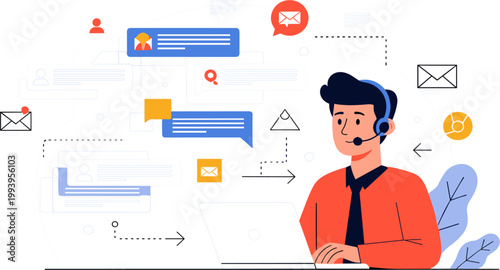 Customer Support Service Vector Illustration with Call Center Agent, Live Chat Messages, Email Communication, and Online Help Desk Assistance Concept