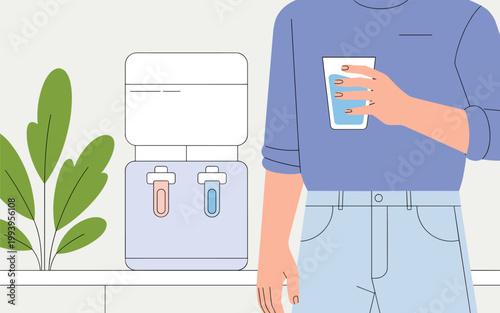 Person holding a glass of water next to a water cooler machine with a plant
