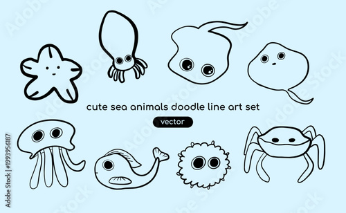Cute and Kawaii Sea Animals Doodle Drawing Line Art Set