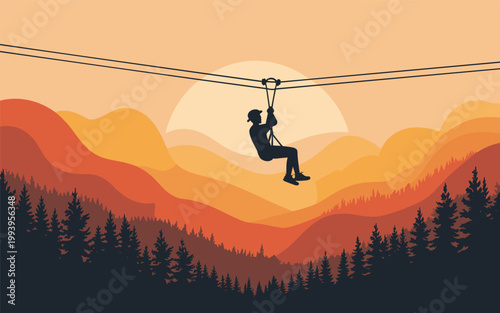 Person ziplining across a mountainous landscape at sunset with trees