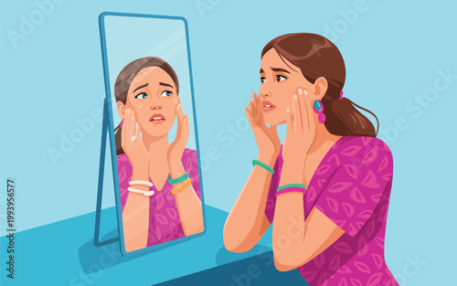 Woman checks reflection in mirror with concerned expression and hands on face