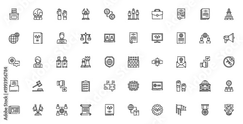 Diplomacy icon set. Vector symbols for vote, meeting, treaty, rights, trade, protest, peace, law and more. Minimalist editable illustrations.