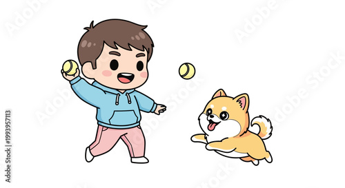 Boy and dog playing tennis together.