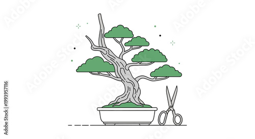 Bonsai tree with pruning shears closeup.