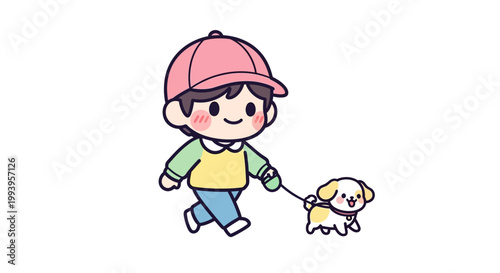 Boy Walking with Small Yellow Dog.
