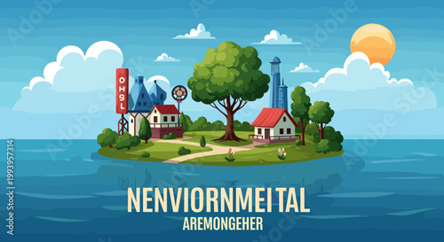 Bild auf Leinwand A vibrant, cartoon-style illustration of a small, self-sufficient island community surrounded by calm blue water under a bright, sunny sky