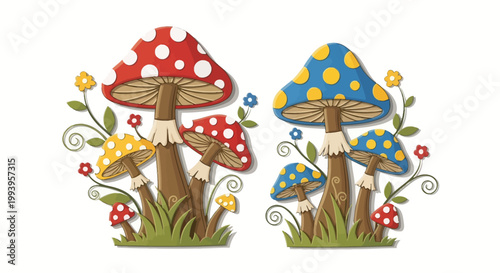 Colorful cartoon mushroom illustrations standing tall.