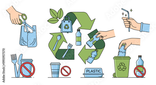 Illustrations depicting plastic waste reduction, recycling symbols, and eco-friendly alternatives for a sustainable future.