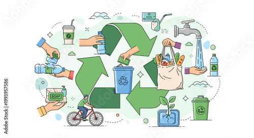 Detailed illustration of recycling, sustainability, and eco-friendly practices with hands sorting waste, reusable items, and environmental symbols.