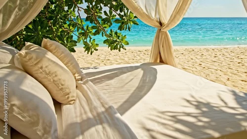 Sun-washed tropical nook with a serene bed in beach setting, framed by leafy branches, soft ivory pillows, tied curtains, glowing sand, and clear aqua water evoking secluded resort relaxation