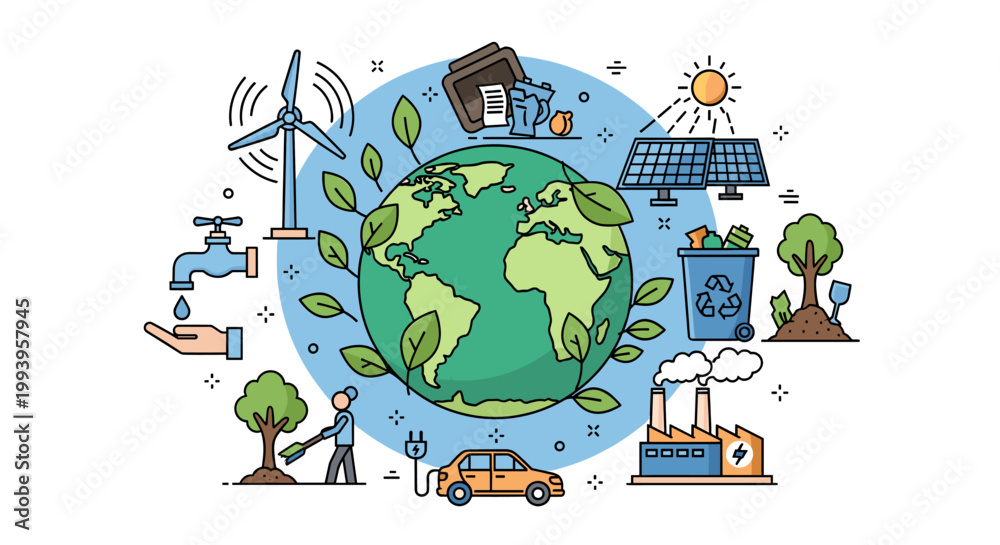 Naklejka premium Illustration of Earth surrounded by environmental protection and sustainable energy elements like wind turbines, solar panels, recycling, and water conservation.