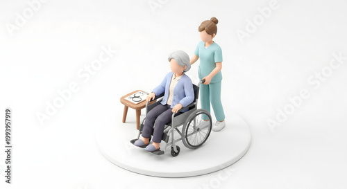 車椅子に乗った高齢女性を介助する介護スタッフの3Dキャラクター 車椅子移動のサポート
