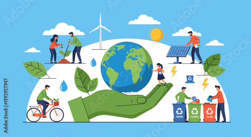 People engaging in various eco-friendly activities around a large hand holding planet Earth, symbolizing environmental protection and sustainability.