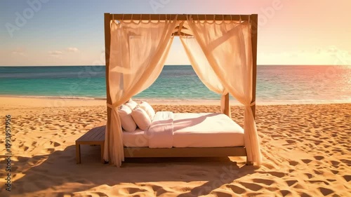 Golden-hour canopy interior framing a plush bed in beach vista with oversized pillows, warm peach light, tied curtains, calm turquoise waves, and inviting resort ambience for dreamy seaside leisure