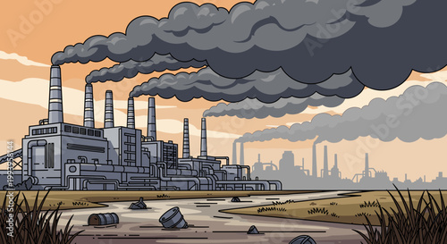 A sprawling industrial complex with multiple smokestacks emitting thick plumes of dark smoke into a hazy orange sky, polluting the surrounding environment.