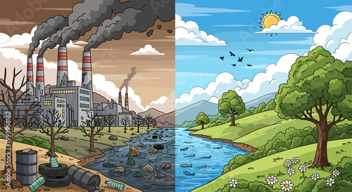 A stark visual contrast between industrial pollution and a pristine natural environment, highlighting ecological damage and restoration.