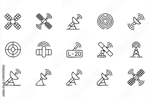 Antenna and satellite signal icon set, communication network, telecom symbols for interface design