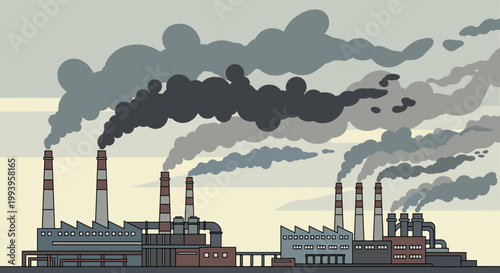 Industrial factory complex emitting thick plumes of dark and gray smoke into a hazy sky, illustrating pollution and environmental impact.