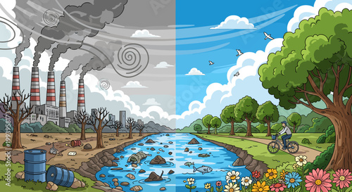A stark visual contrast between industrial pollution and a pristine natural environment, highlighting the impact of human activity on the planet.