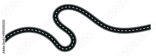 Curved winding road with dashed white lines symbolising a long journey or travel path graphic design element
